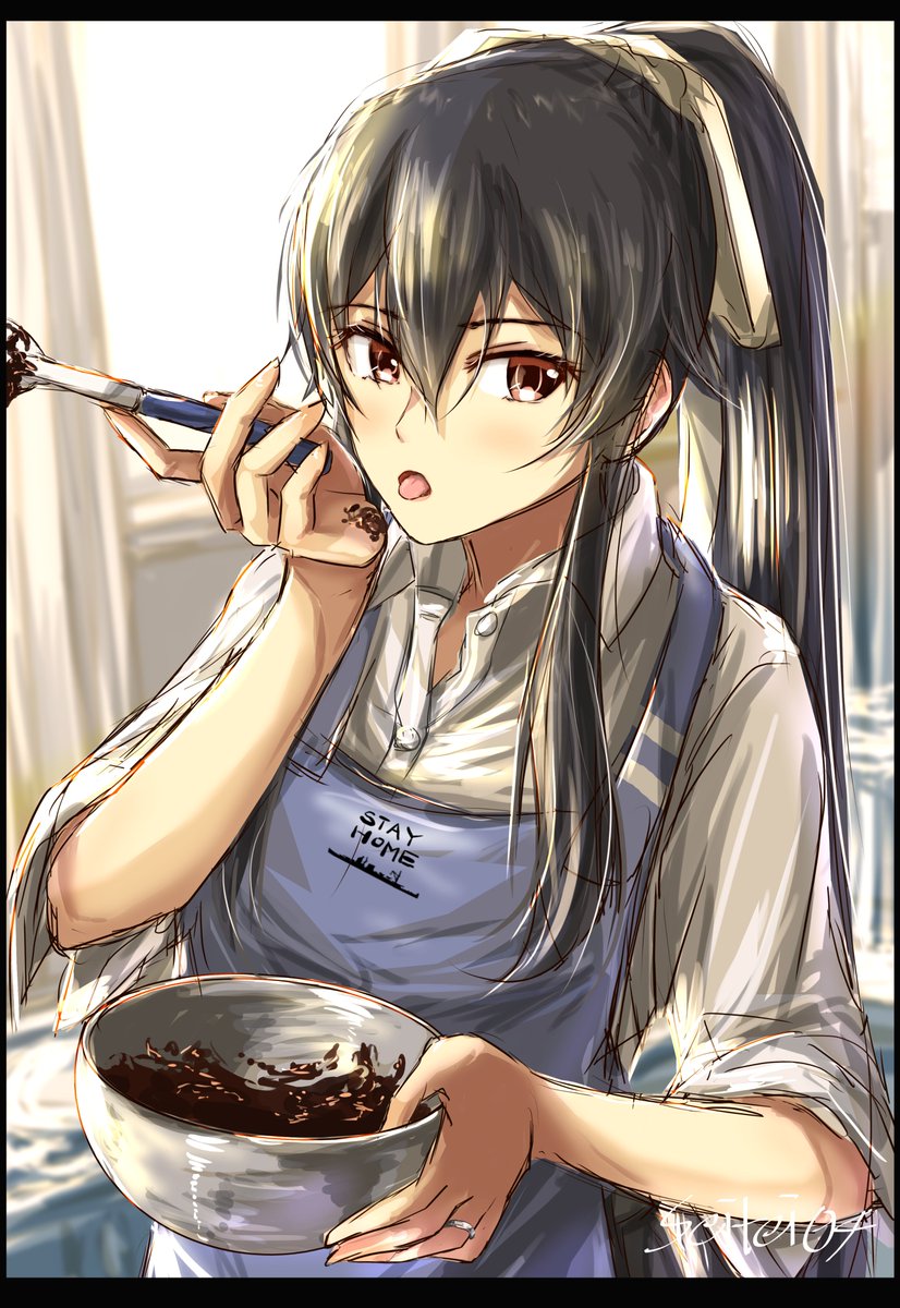 yahagi (kancolle) 1girl solo black hair apron long hair ponytail shirt  illustration images