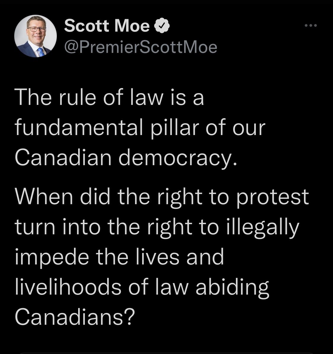 This tweet screenshot is from Premier Scott Moe on rail blockades exactly two years ago. Feb. 12, 2020. 

The video below is from his interview Wed. with <a href="/DavidWCochrane/">David Cochrane</a> on <a href="/PnPCBC/">Power & Politics</a> on blockades and protests happening across Canada now.