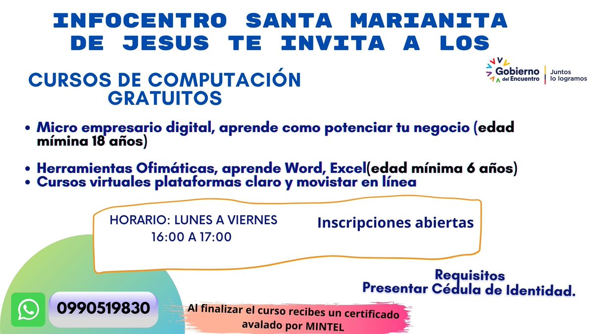 InfMARIANITA's tweet photo. El Infocentro Santa Marianita de Jesús te invita a participar de los cursos gratuitos que se impartirán en el mes de febrero, pueden participar niños, jóvenes y adultos.
Para las inscripciones puedes comunicarte al WhatsApp 0990519830. https://t.co/Iuan97gHWW