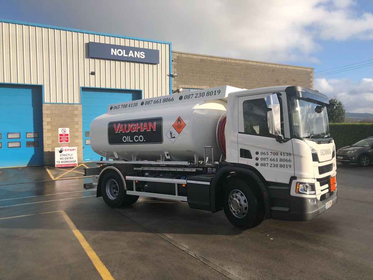 TNolanScania's tweet photo. Congratulations to Vaughan Oil from Miltown Malbay Co Clare. Pictured here today Kenneth Vaughan collecting his new Scania P320 Oil truck. Thanks to everyone who helped prepare the truck for delivery.
 #tnolans #scaniatrucks #autowiring https://t.co/BfbpuEkQzq