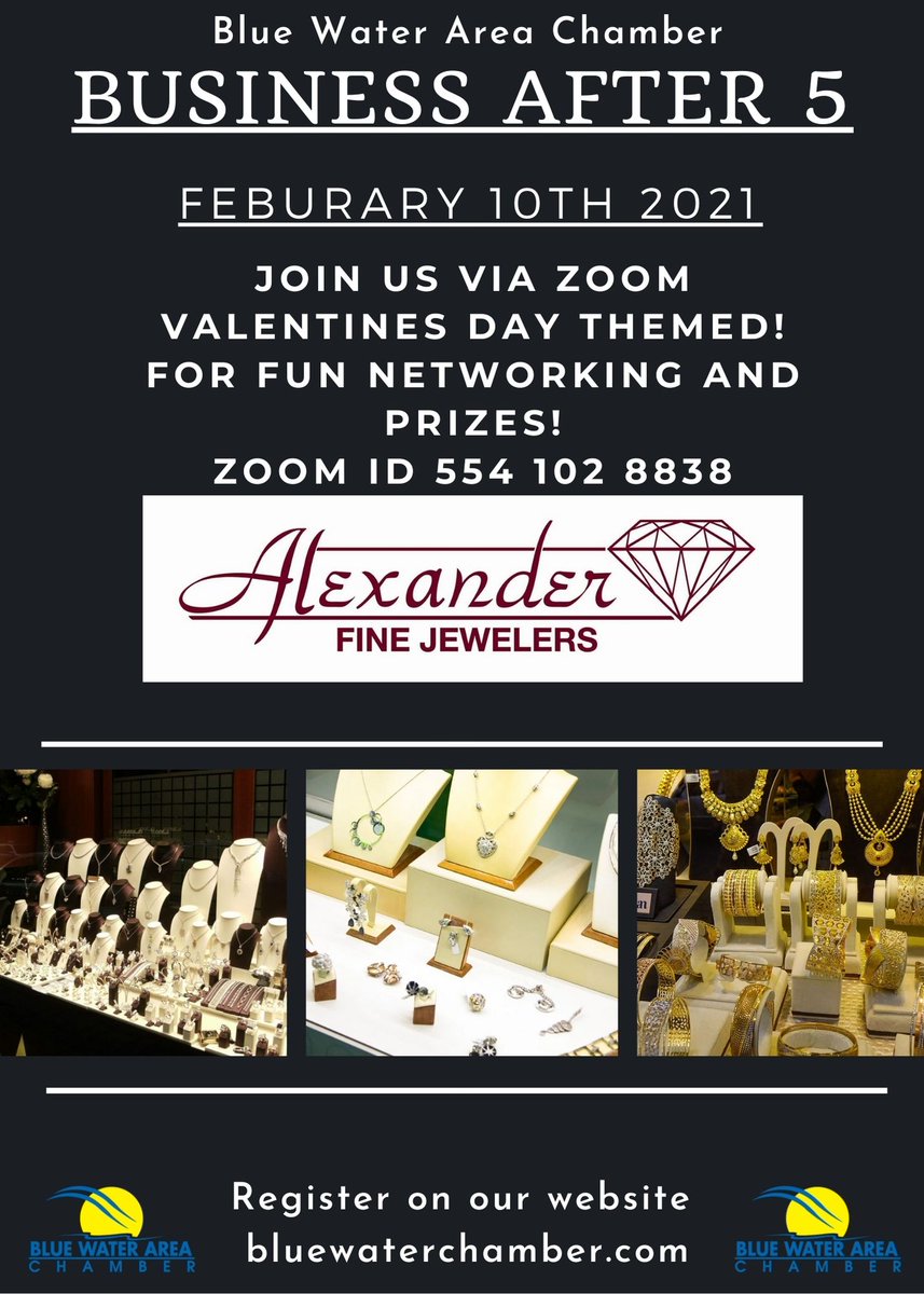 BWChamber's tweet photo. Come get ready for valentines day with Alexander Fine Jewelers and us for our Business After 5 tonight! Fun and Prizes provided by Alexander fine Jewelers. Register on our website. Zoom ID 554 102 8838
https://t.co/y7YPhIfzWY https://t.co/pFvXp7NK3L