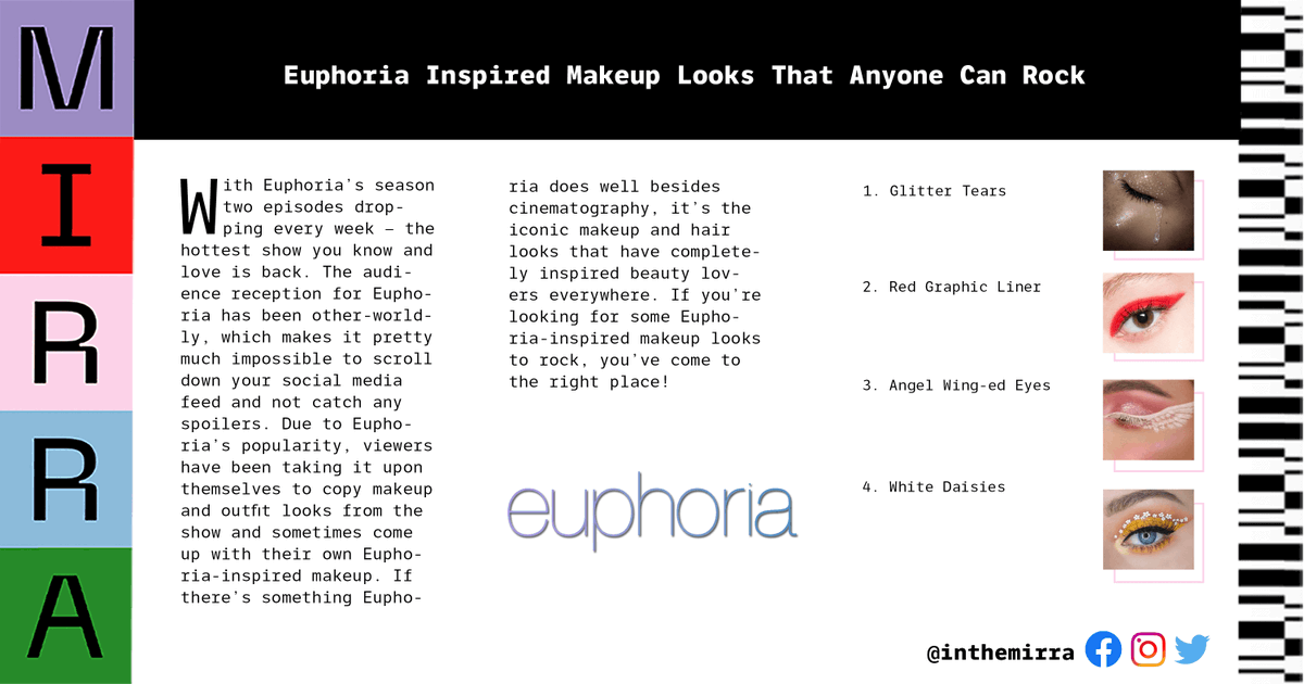 inthemirra's tweet photo. If you want to look creative, stunning, and slightly otherworldly, we recommend Euphoria inspired makeup from your favorite characters. https://t.co/JXGEF6Cx3M