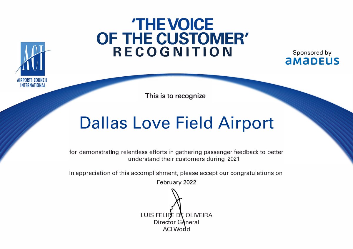 DallasLoveField's tweet image. Dallas Love Field has earned recognition in the 'Voice of the Customer' initiative presented by @ACIWorld!  

It's a recognition that celebrates airports that have continued to prioritize listening and adapting to customers during the pandemic. Read more: bit.ly/3rG6Fne