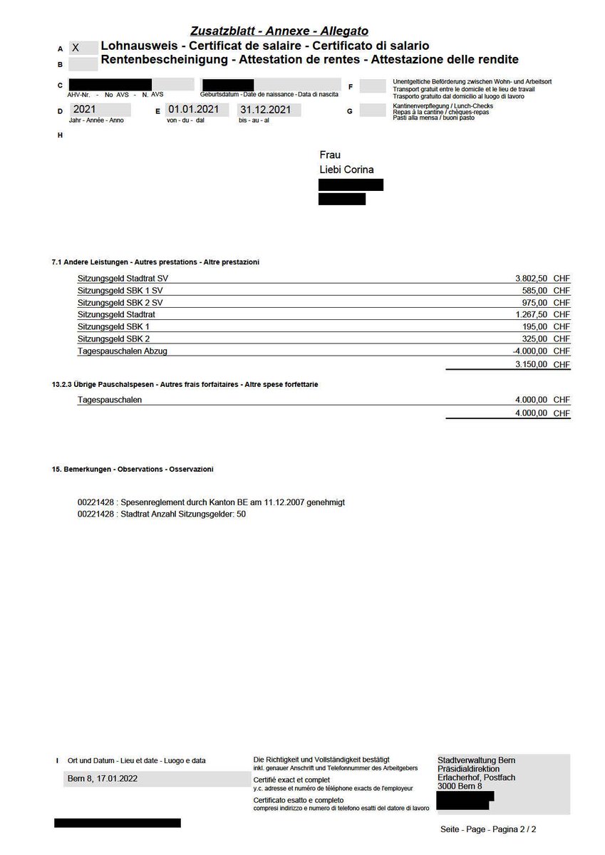 Ich werde immer wieder gefragt, wie viel man als Stadträtin eigentlich verdient. Aus Transparenzgründen habe ich mich dazu entschieden, meinen Lohnausweis von 2021 mit euch zu teilen. Meine jglp-Mandatsabgabe an die Partei beläuft sich zudem auf CHF 500 pro Jahr. Any questions?