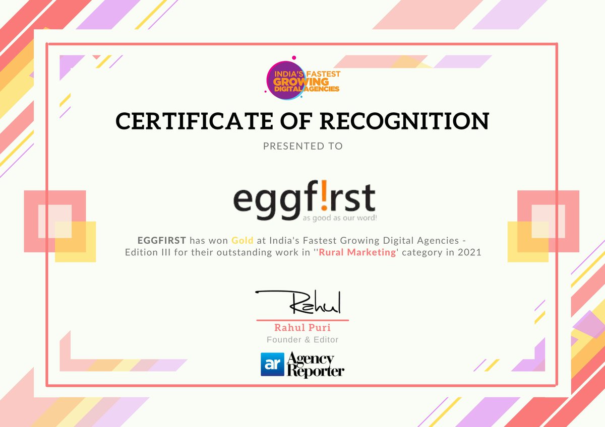 agency_reporter's tweet photo. Congratulations @Ash_banka &amp; Team @eggfirst on being recognized as the Gold winner of India's Fastest Growing Digital Agencies- Edition III in the 'Rural Marketing' category. https://t.co/8MAaGUUUfA