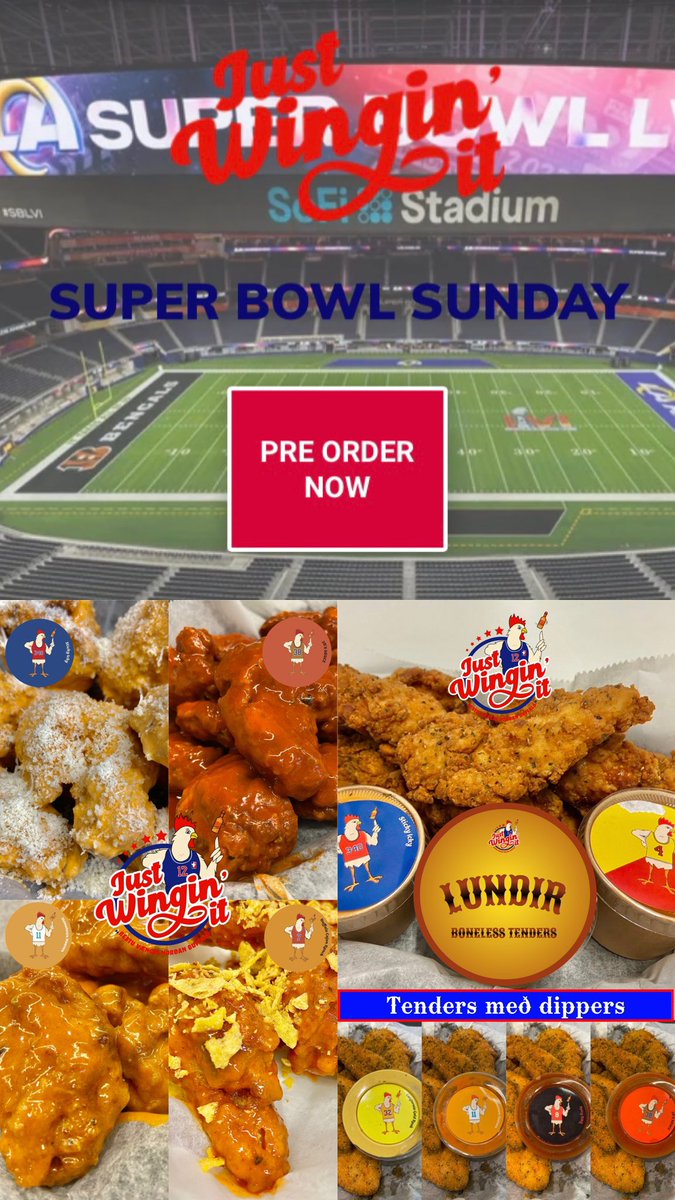 SUPER BOWL SUNDAY! Preorders only after 17!

Order on justwinginit.is for the best Super Bowl party packs featuring wings, tenders, blómkál and nachos! 

Time slots are filling up fast! 

Super Bowl ain’t a thing, without the wings!