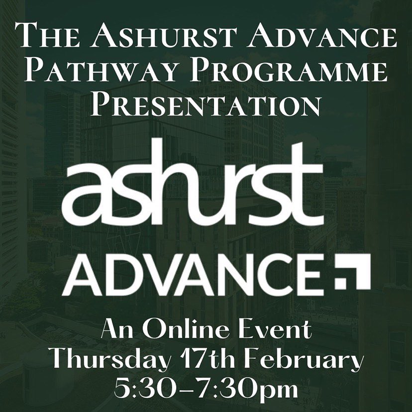 duls_1's tweet image. DULS is pleased to offer to our members The Ashurst Advance Pathway Programme Presentation. This event will take place online on Thursday the 17th of February and will offer a great chance for students to hear about alternative graduate opportunities!