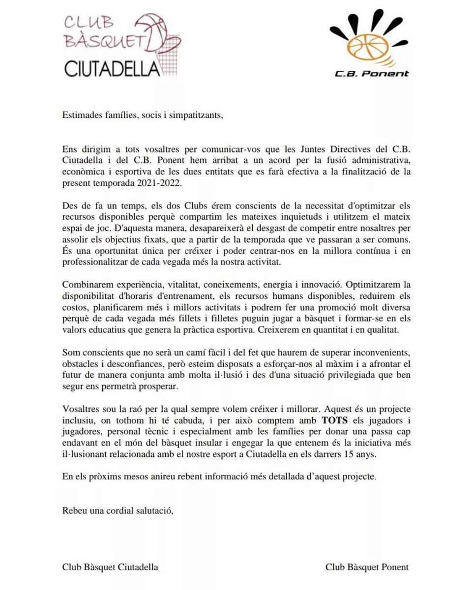 CBPonent's tweet photo. Comunicado conjunto del CB PONENT y del CB CIUTADELLA. Una nueva etapa, la unión de dos grandes equipos y una gran ilusión en esta nueva andadura conjunta. @cbponent @cbciutadella #somequipsomponent https://t.co/8rl5oOAGe6