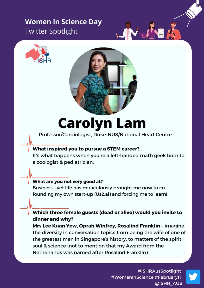 Kicking off our #WomeninScience week is <a href="/lamcardio/">Carolyn Lam</a>! She is a cardiologist at the 🇸🇬National Heart Centre &amp; clinician scientist <a href="/dukenus/">Duke-NUS Medical School</a>. She serves on multiple scientific advisory &amp; editorial boards, co-founder of MedTech start-up <a href="/us2_ai/">Us2</a> and <a href="/CircAHA/">Circulation</a> podcast host. #IDWGS