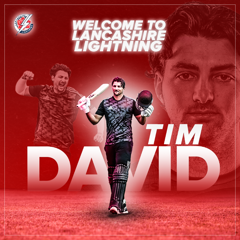 lancscricket's tweet photo. Lancashire Lightning is delighted to announce the overseas signing of powerful batting all-rounder @timdavid8, for the 2022 @VitalityBlast. 😎 💥

⚡️ #LightningStrikes