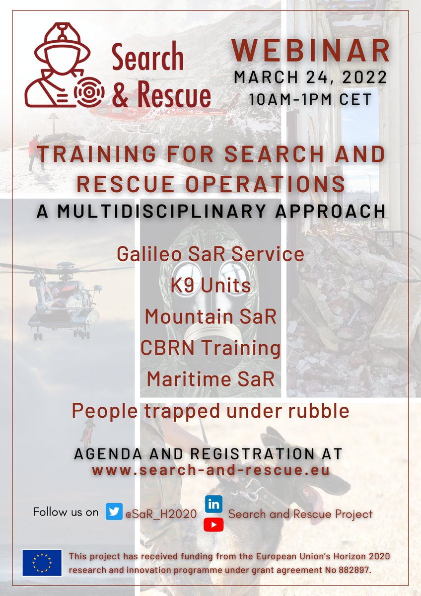 📢Webinar on training for SAR Operations 📢
🗓️ 24/03/2022 / 10am-1pm CET⏲️

Two additions to the programme:
- The Galileo SAR Service <a href="/SARGalileo/">SAR Galileo</a> 
- Mass casualties out-of-hospital medical emergencies <a href="/SUMMA112/">SUMMA112</a> 

The event is open and free of charge!
bit.ly/3gzQHEP