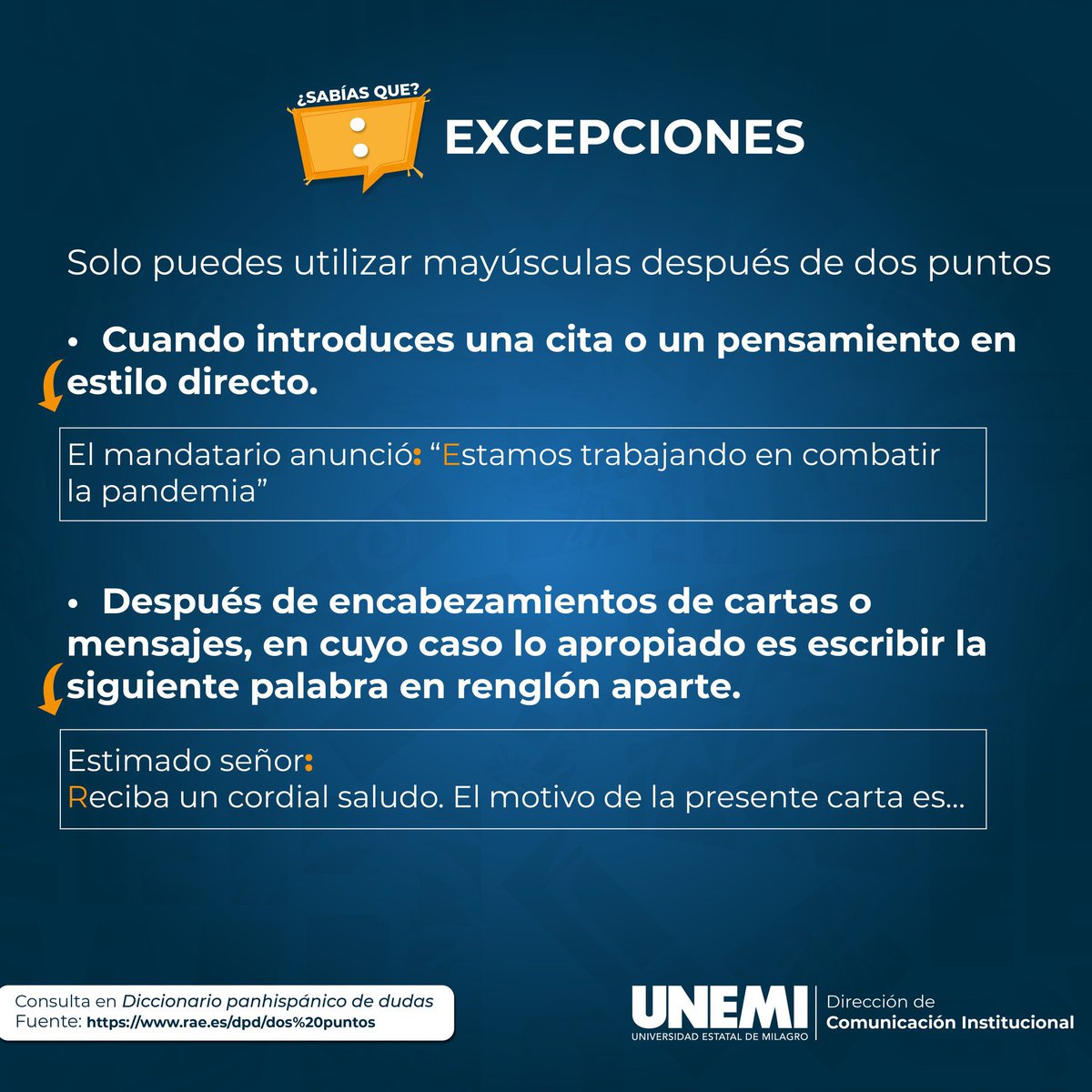 UNEMIEcuador's tweet photo. #OrtografíaConUNEMI 📚 🤓

¡Escribir bien nunca pasará de moda! ✍🏻

Con esta publicación iniciamos una serie de recomendaciones básicas y prácticas para mejorar juntos la ortografía. ¡Revisa y comparte! 😉👉 https://t.co/L5xONneZuU