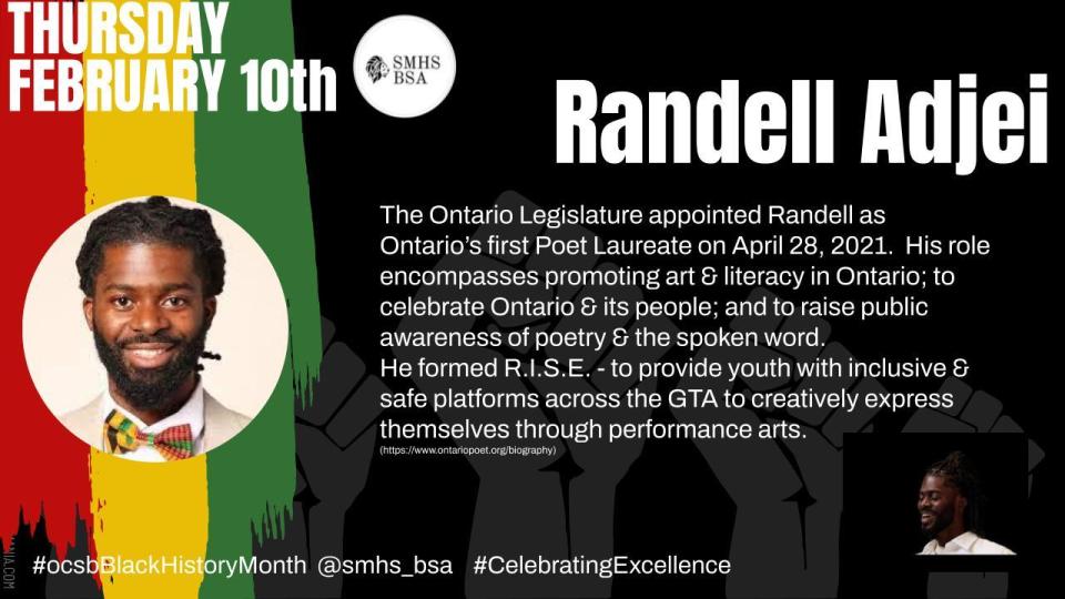 Today's <a href="/StMarkOCSB/">St. Mark High School</a> person of excellence is Randell Adjei, Ontario's first Poet Laureate youtube.com/watch?v=l8t2Ev… #ocsbBlackHistoryMonth