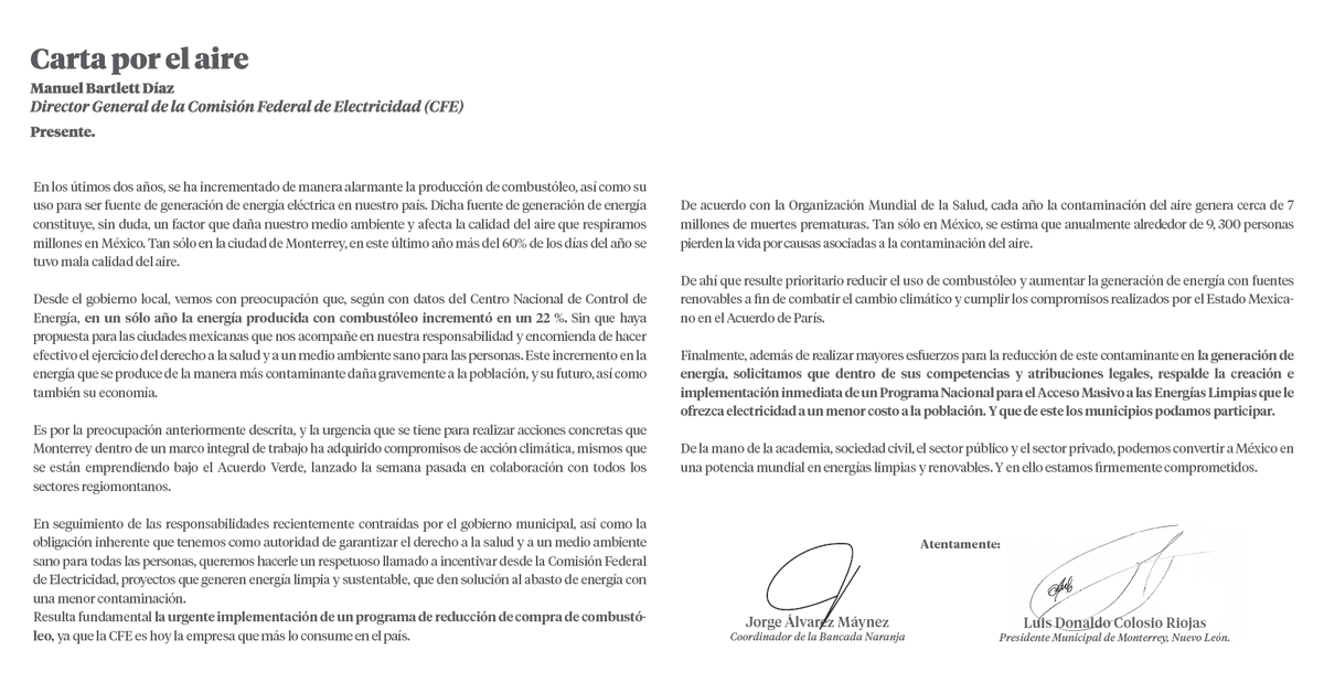 AlvarezMaynez's tweet photo. Hace 2 semanas entregamos la #CartaPorElAire a @Claudiashein y en un acto de congruencia también la enviamos a los alcaldes de Guadalajara y Monterrey.

Recibimos la respuesta afirmativa de @colosioriojas, quien la ha incorporado al Acuerdo Verde: eje rector de su Gobierno. https://t.co/dz8BbjUgTe