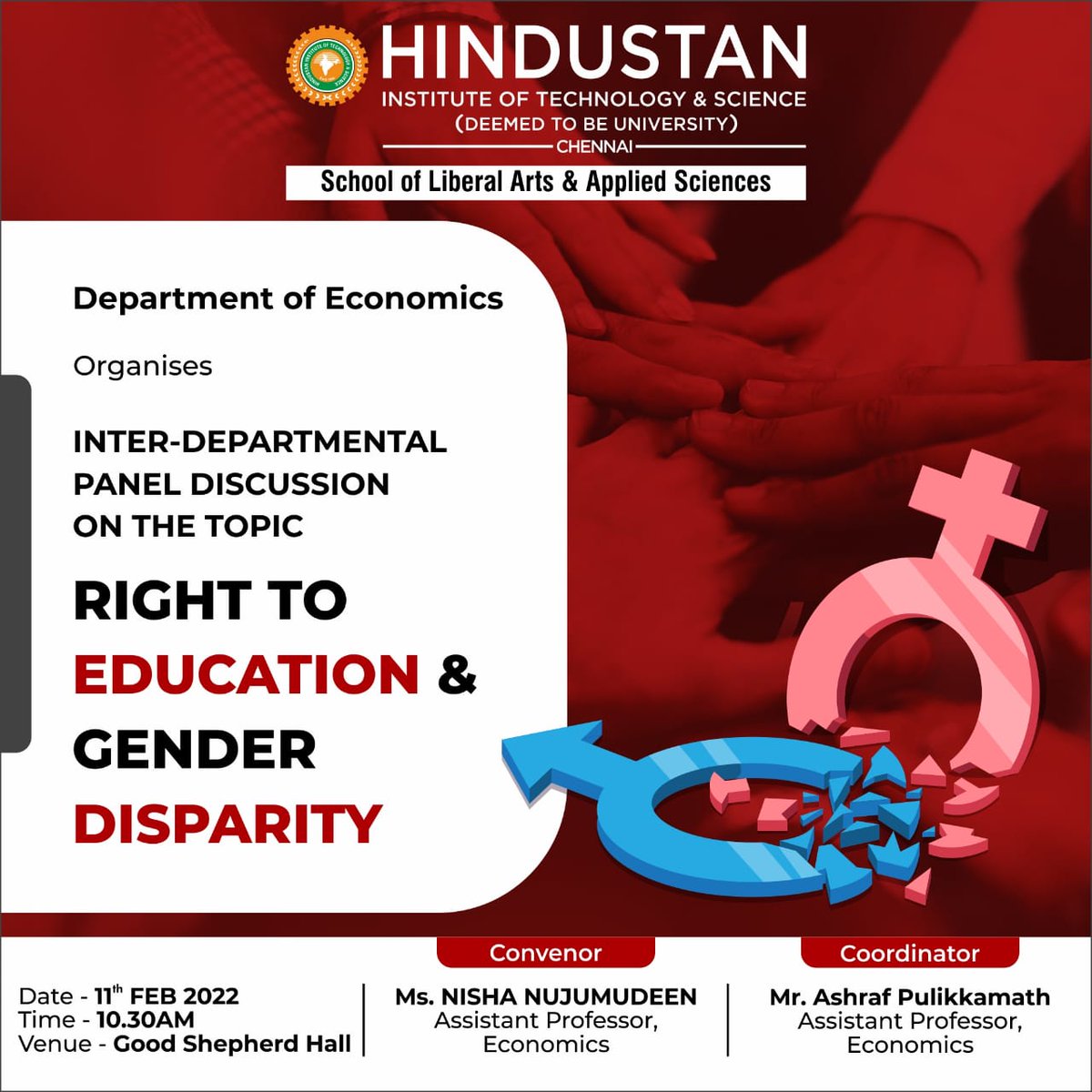 HindustanUni's tweet photo. The Department of Economics cordially invites you to the Inter Departmental Panel Discussion on the Topic 'Right to Education & Gender Disparity'.
#debate #economics #education #gender #genderdisparity #liberalarts #socialsciences #slaas #HITS #MyHindustan #Hindustan4.0 https://t.co/KhfbiHMyOr