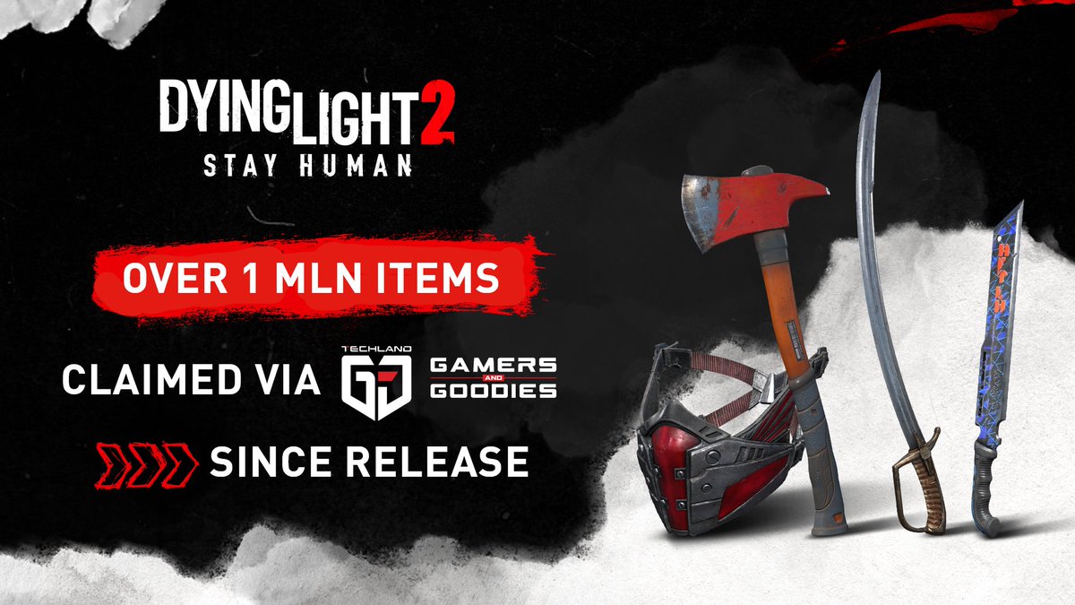DyingLightGame's tweet photo. Over a million items have been claimed since the release of the game! Check the rules and claim yours at https://t.co/MrSlxu6vw6 !
#DyingLight2 #StayHuman https://t.co/ahvbHZKPAY
