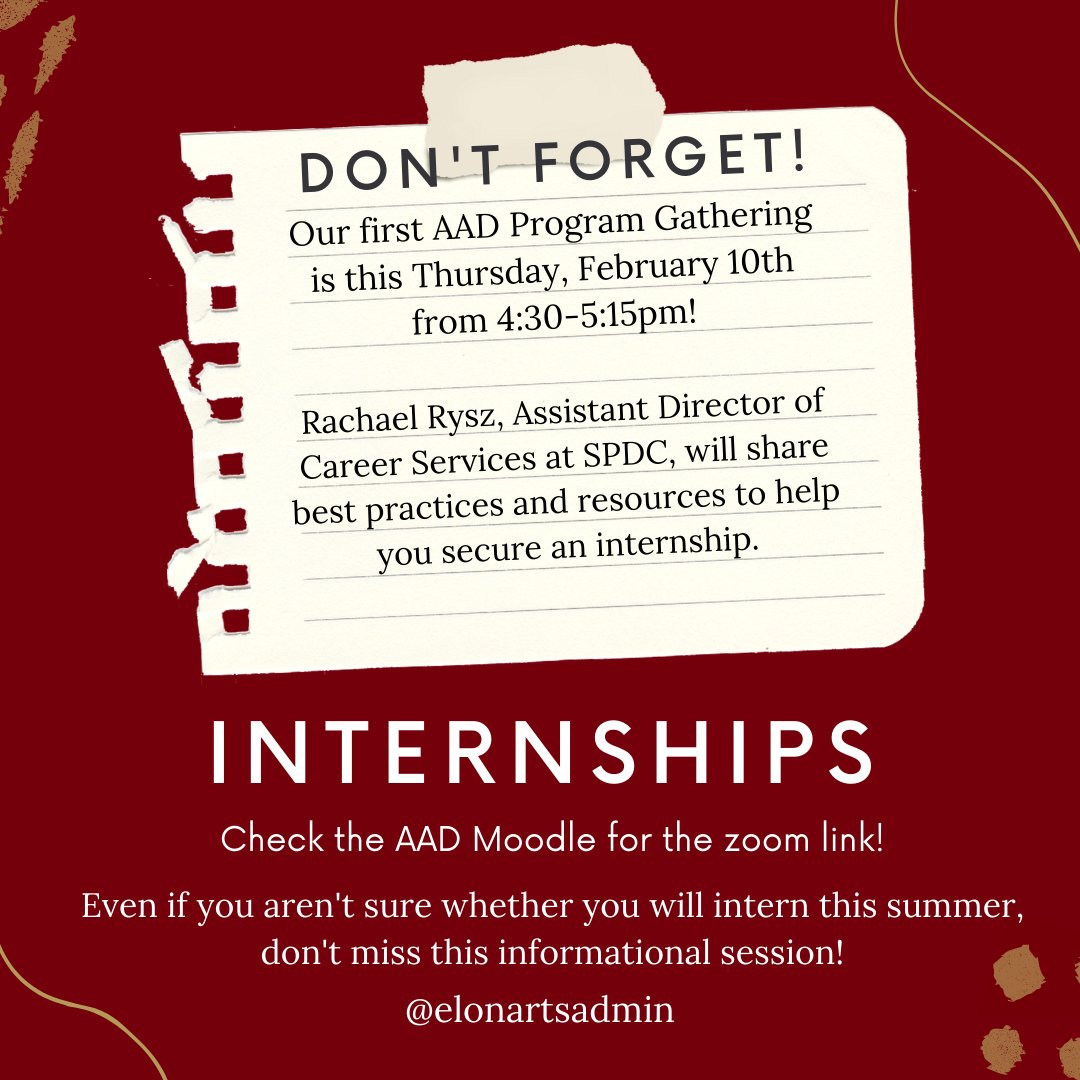 Don't miss today's online workshop on Internships with special guest Rachael Rysz from the SPDC!  Zoom link available on the Moodle page for Arts Admin Majors.