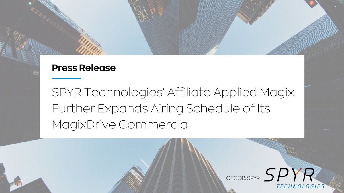 SPYRInc's tweet photo. SPYR Technologies’ Affiliate @AppliedMagix Further Expands Airing Schedule of Its MagixDrive #Commercial

Read the full news release here: https://t.co/olwHFssTo6 $SPYR https://t.co/pbCjI7Oo0d