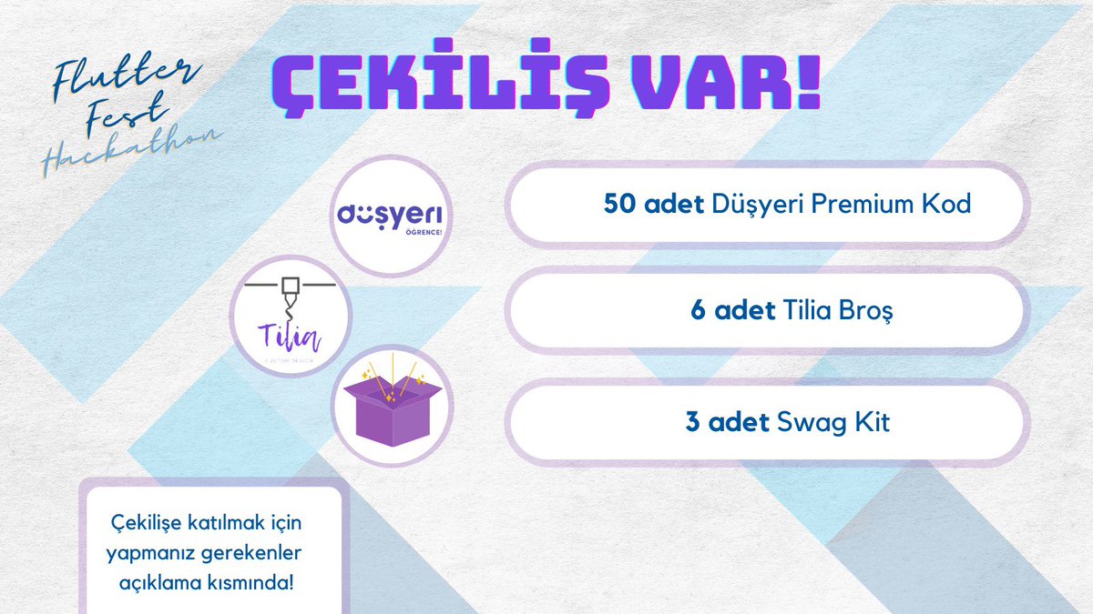 🚀Her sene düzenlenen Flutter Fest Hackhaton’a az bir süre kala güzel bir çekiliş ile karşınızdayız.

✨50 adet Düşyeri Premium Kodu
✨6 adet Flutter ve GDSC Logolu Broş 
✨3 adet Swag Kit hediyesinden biri sizin olabilir 

📣Çekilişe katılmak için:
instagram.com/p/CZzOXCIggT3/…