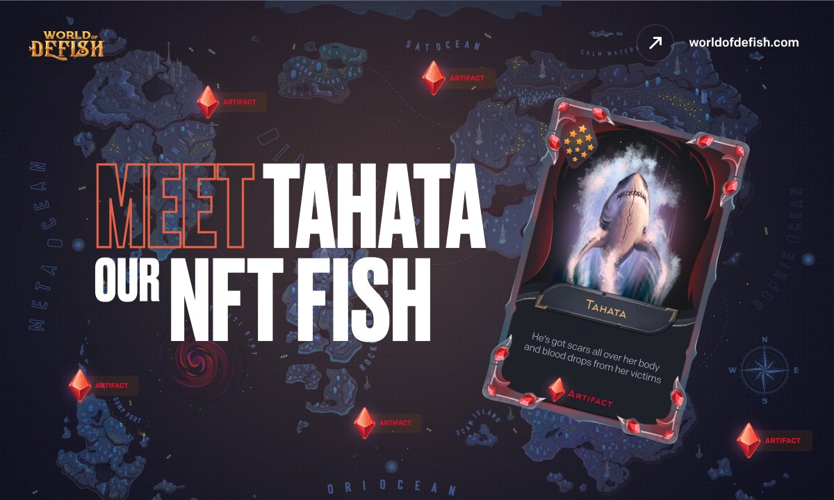 WorldOfDefish's tweet photo. 😱 Run, Captain, run! Couse it's Tahata. Meet our artifact #NFT fish! 🦈 

💀⚔️ Tahata doesn't know how to lose. He comes out victoriously from each battle. Huge fish with scars all over his body and victims' blood drops. 

Catch him if you can! #Tahata #FishCard https://t.co/ZVzuJrkYVD