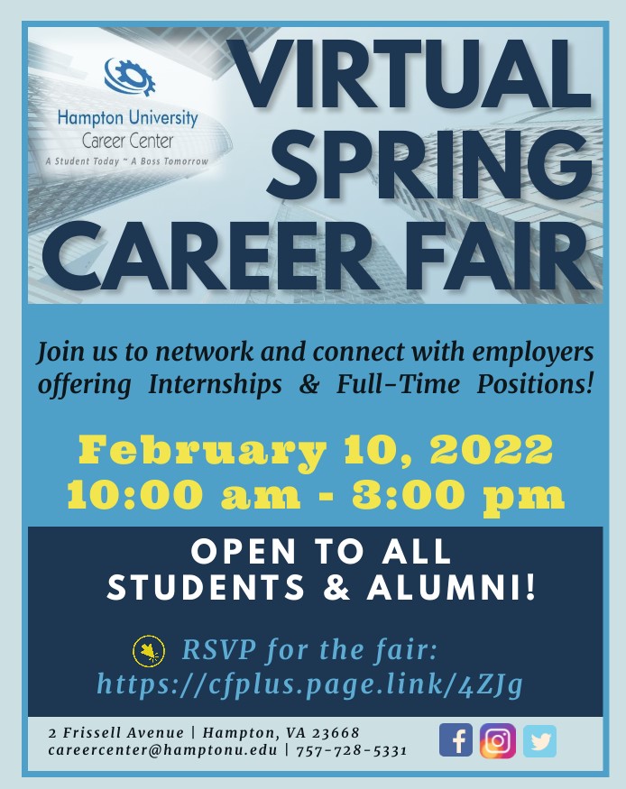 VIRTUAL Career Fair is STARTING at 10am TODAY

SIGN UP NOW!!  app.careerfairplus.com/hu_va/fair/411…

#QT11 #Onyx12 #OPhiO18 #QT12 #hustudentactivities #hamptonuniversity #hamptonuniversityalumni #hucareercenter