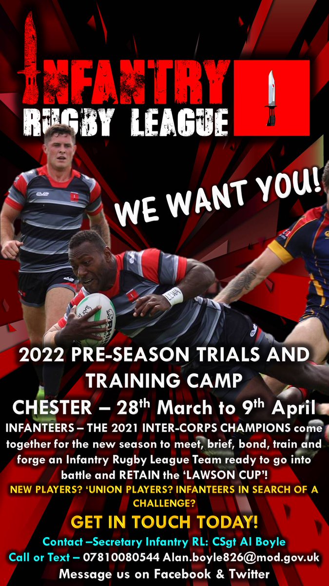 🏉THE CHAMPIONS ARE BACK!🏆 The @ArmyRugbyLeague Inter-Corps Champions go into Pre-Season Training - Chester - 28 Mar to 9 Apr WE WANT YOU! Established Players, New Players, 'Union Players, Infanteers in search of a challenge GET IN TOUCH TODAY! SPREAD THE WORD RE-TWEET NOW!