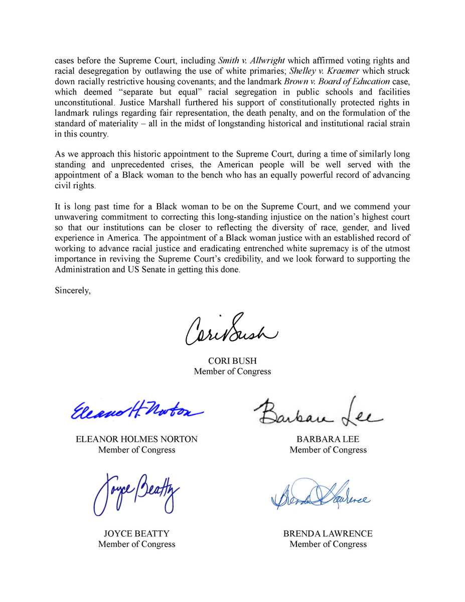 RepCori's tweet photo. With no Black women in the Senate to vote on a justice, I led 13 Black Congresswomen in commending @POTUS and making clear:

Nominating a Black woman isn’t about symbolism, it’s about advancing someone with moral clarity and a track record of protecting civil rights. https://t.co/80zAMPHmHa