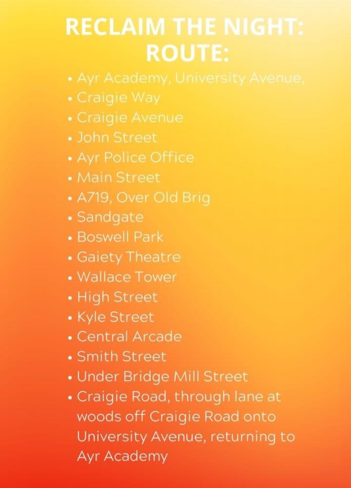 💥RECLAIM THE NIGHT SOUTH AYRSHIRE💥
⭐ TUESDAY 8TH MARCH 2022 @ 5.30 P.M.⭐
Starting Point: Ayr Academy, University Avenue, Ayr KA8 0SZ
Join us - be part of the movement to end male violence against women and girls !
#ReclaimtheNight #EndViolenceAgainstWomen  #VAWG