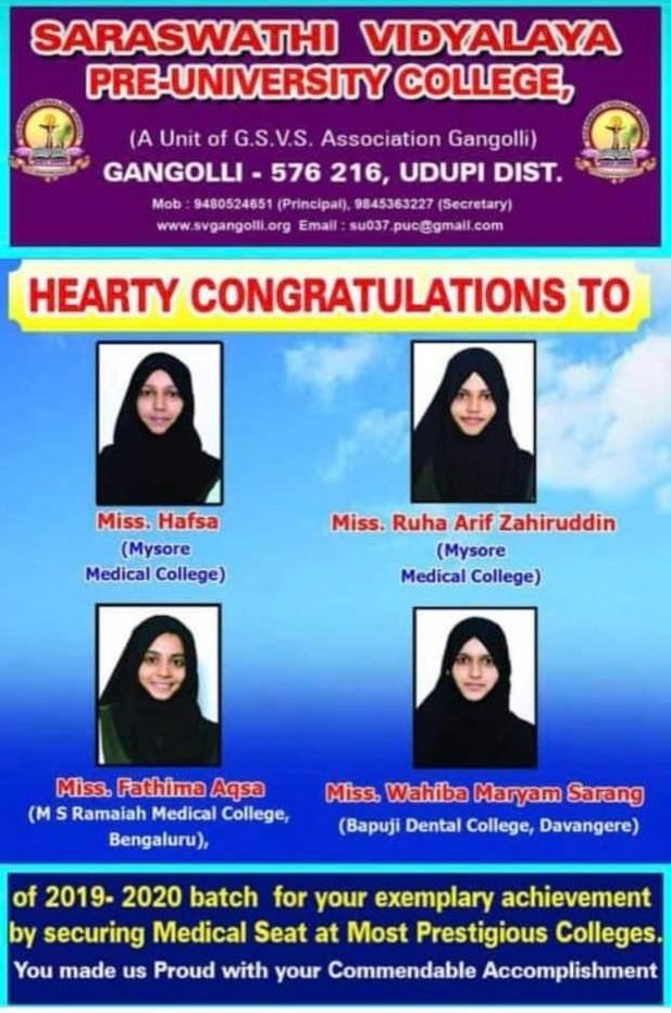 musab1's tweet photo. Not long ago, Saraswathi Vidyalaya PU College in Gangolli (Udupi), one of the colleges where Muslim girls faced #HijabBan, was proudly congratulating its Hijabi students for their 'exemplary performance' and securing seats at medical colleges. What changed?
#HijabControversy https://t.co/HeRDqprL7E