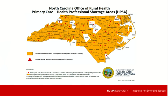 EmilyGangiNC's tweet photo. The ten counties in white are the only ones WITHOUT a #healthcare professional shortage area in NC. Dr. Lumpkin from @BCBSNCFound shared while making connection b/w #education attainment &amp; #health outcomes. #EIF2022 @ncIMPACTsog @ncdhhs @emergingissues https://t.co/6q8pkVGnEl