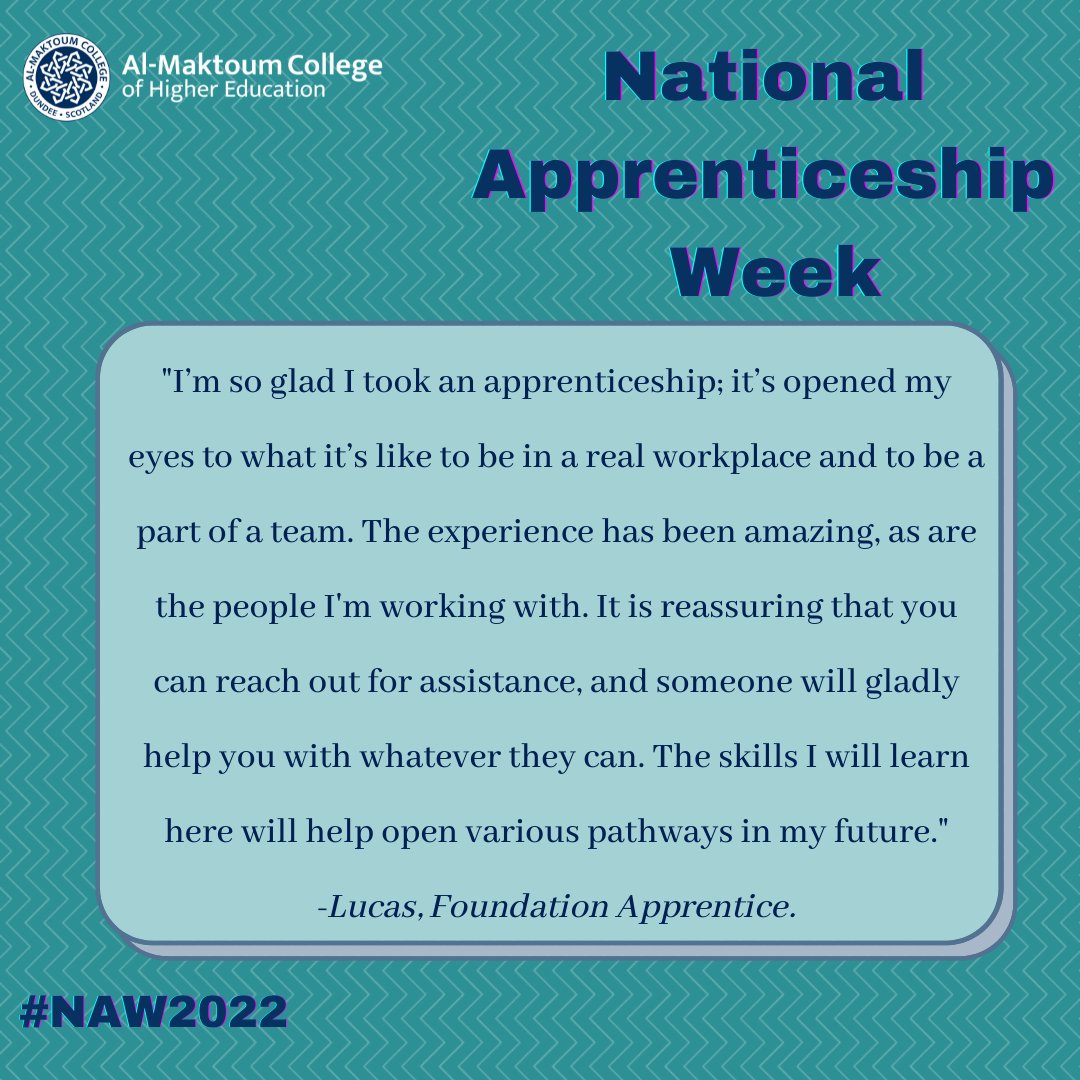 As it's #NationalApprenticeshipWeek, we wanted to celebrate our apprentice, Lucas, who is currently working with the Student Recruitment and Marketing Team. 

We asked him to share his thoughts on his experience with Al-Maktoum College so far 💙

#NAW2022 #BuildTheFuture