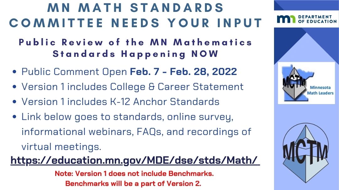 MN Teachers - Version 1 of the New K-12 MN Math Standards is open for public review from Feb. 7 - Feb. 28th. Let your voice be heard! #mtbos education.mn.gov/MDE/dse/stds/M…
