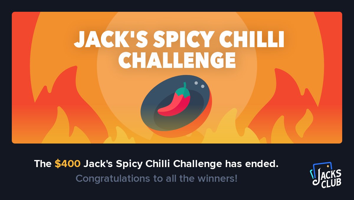 JacksClubCasino's tweet photo. The $ 400 Jack's Spicy Chilli Challenge has ended.
Congratulations to all the winners and especially our top contestants: kraken, syana77, zeze18.

Click here for more information about our contests 👉 https://t.co/1CIrJaXcOZ https://t.co/wRJPm29q8s