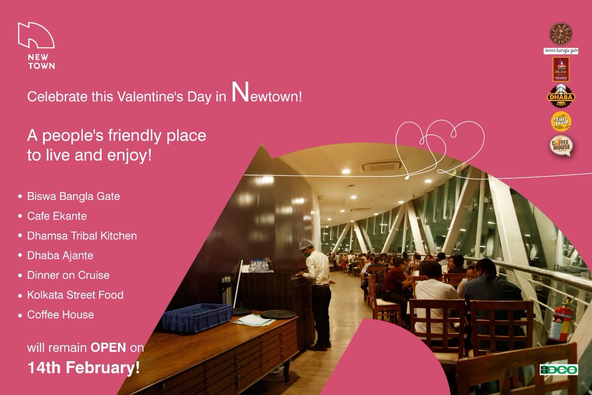 AsokeKumarRoy7's tweet photo. Be there at Newtown this Valentine's Day and celebrate love! Biswa Bangla Gate, Kolkata Street Food, Dhamsa, Cafe Ekante, Coffee House Newtown, Dinner on Cruise, Dhaba Ajante will remain OPEN on 14th February, Monday! 

#ValentinesDay #SmartCity #newtownkolkata https://t.co/MlK4EJU0ks