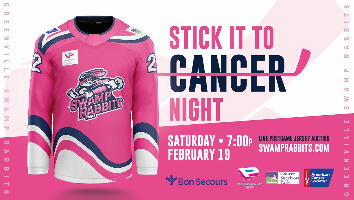 SwampRabbits's tweet image. Help us Stick It To Cancer next Saturday, presented by Bon Secours and Plumbing In Pink! 

Help raise money for the American Cancer Society and the Cancer Survivors Park with our postgame  jersey auction!

Tickets: bit.ly/3GFnItL