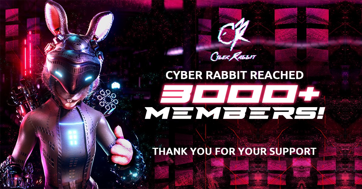 CyberRabbit01's tweet photo. Cyber Rabbit grows fast! 24 hours have passed we're already hitting 3000 Discord members! 

Join us now and be part of one of the biggest NFT projects this year!

Discord: https://t.co/ZzYbuaPV2T
Facebook: https://t.co/xm6syCtNnV
Website: https://t.co/oVfTPq4bC9
#NFT #Cyberrabbit https://t.co/NdGL93wFUE