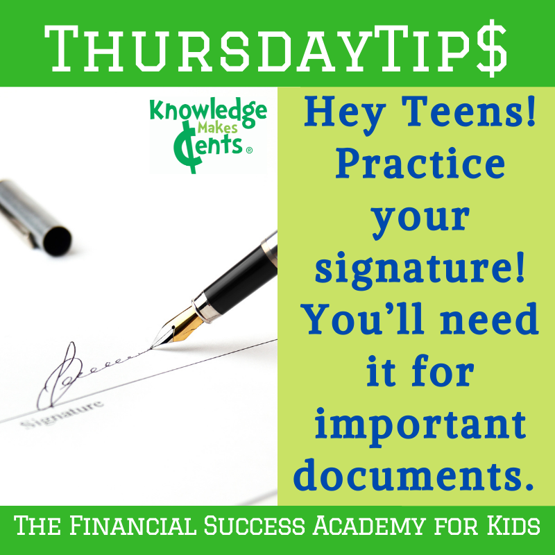 KMCents's tweet image. Practice your signature so it is consistent each time. #SigningCheques #SigningAtBanks #SigningLegalDocuments #SigningAutographs 

#ThursdayTips #KMCents #FinancialSuccessAcademyForKids #TeachKidsAboutMoney #MoneySmartKids
