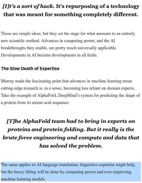 vivek_kumar's tweet image. The Slow Death of Expertise: Murray talks about how advances in machine learning have made cutting-edge research less reliant on domain experts in 
@azeem  podcast &quot;Grading AI: The Hits and Misses&quot; ~

exponentialview.co/grading-ai-the…