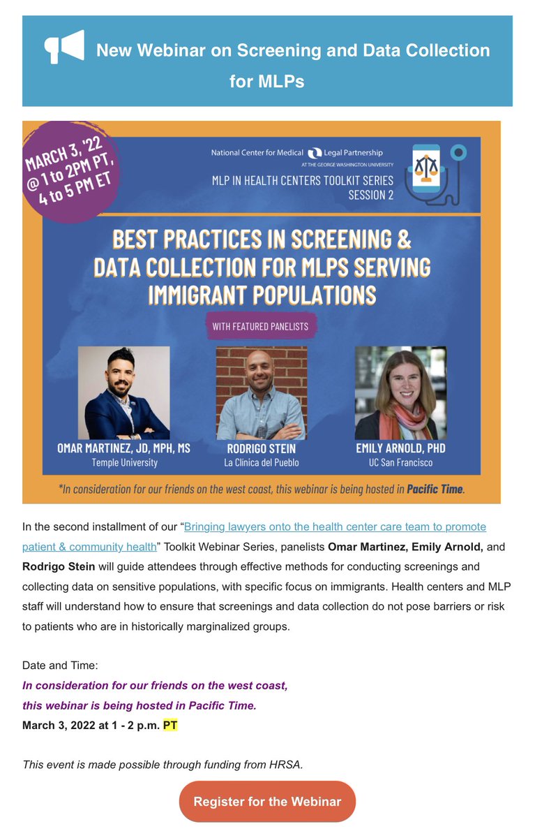 Omar Martinez JD MPH MS (@latinoactivist) on Twitter photo Save the date ⬇️ “Bringing lawyers onto the health center care team to promote patient & community health” #MLPs #Immigrants Toolkit Webinar Series! Excited to join <a href="/National_MLP/">National Center for Medical-Legal Partnership</a>
familia to advance #MLP science Register here: us02web.zoom.us/webinar/regist… Save the date ⬇️ “Bringing lawyers onto the health center care team to promote patient & community health” #MLPs #Immigrants Toolkit Webinar Series! Excited to join <a href="/National_MLP/">National Center for Medical-Legal Partnership</a>
familia to advance #MLP science Register here: us02web.zoom.us/webinar/regist…