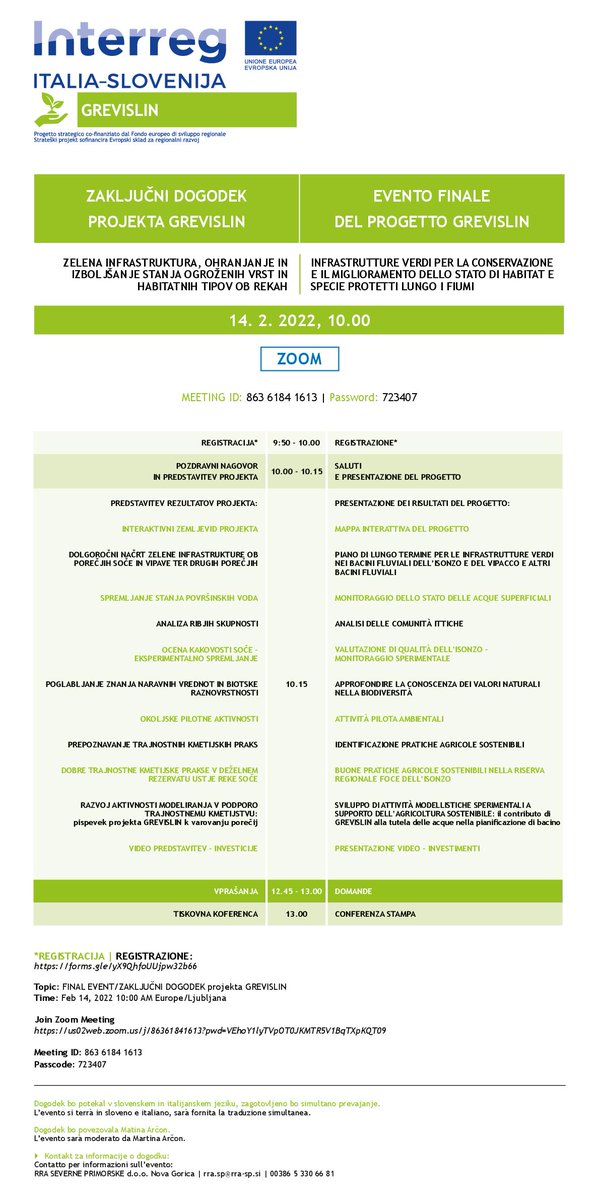 grevislin's tweet photo. 📢📢Ecco il programma dell'evento finale di progetto che si terrà online su ZOOM lunedì 14 febbraio alle ore 10.
Per partecipare è necessario registrarsi al link https://t.co/VpW8fU70IF
Vi aspettiamo numerosi! @InterregITASLO https://t.co/ILSsUxBR3y
