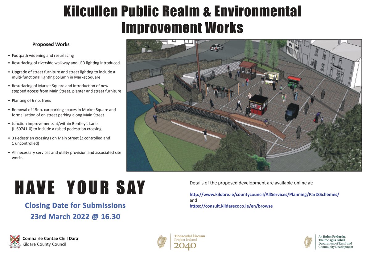 PPN_Kildare's tweet photo. Do you live, work or socialise in Kilcullen?

#HaveYourSay on the Proposed Environmental and Public Realm Improvement Works in #Kilcullen Town Centre (Market Square)

Full details 👉 https://t.co/KKec6YrI9O

📆Closing Date for Submissions
23rd March 2022 at 4.30pm https://t.co/dDw5uxahZ3