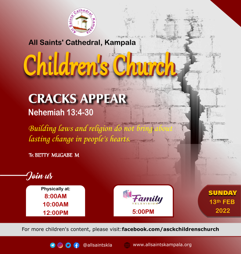 allsaintskla's tweet photo. Join us for CHILDREN'S CHURCH on Sunday 13th February 2022
~on Facebook and YouTube at 11am EAT
~on Family TV at 5pm EAT
TOPIC: CRACKS APPEAR (Nehemiah 13:4-30)
Teacher: Betty Mugabe
#ASCKChildrenChurch #ASCKLesson #CracksAppear #BettyMugabe https://t.co/lzc7N3hvIP