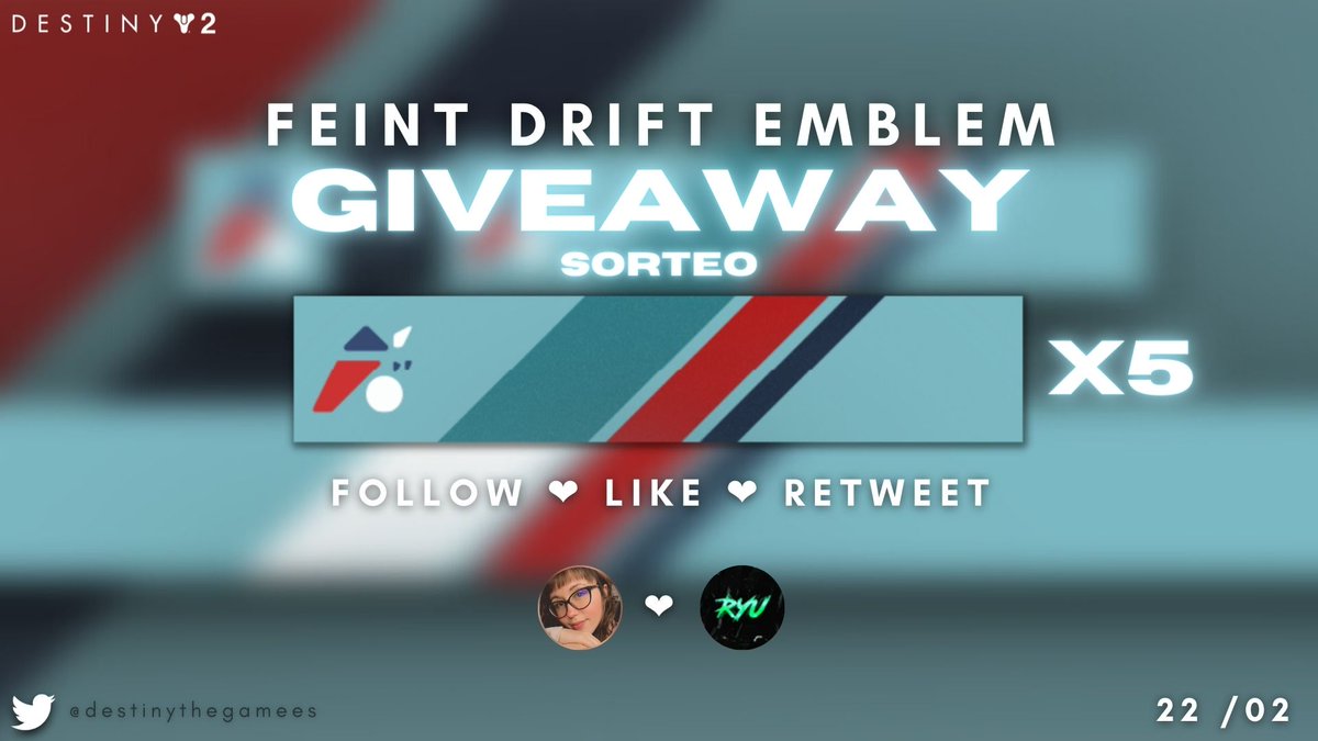 tsubanechan's tweet photo. 💙FEINT DRIFT EMBLEM GIVEAWAY / SORTEO💙

🔹 Follow @destinygamees, @Ryusuri &amp; @tsubanechan
🔹 Like &amp; Retweet

¡Good luck everyone, mucha suerte a todos!☺️ https://t.co/599XPtxOLS