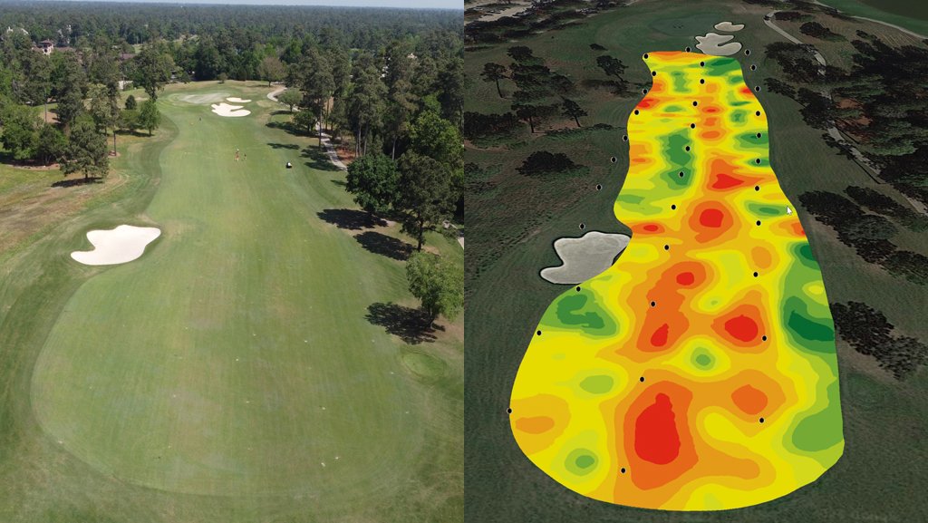 TheTurfZone's tweet image. The photo on the left is what a drone sees during a typical fairway flyover. The photo on the right is a NDVI map (normalized difference vegetation index). – @TurfBlade on drone technology and pesticides of the future in @ALTurfgrassAsn magazine – theturfzone.com/ata/?ascat=71&amp;amp;…