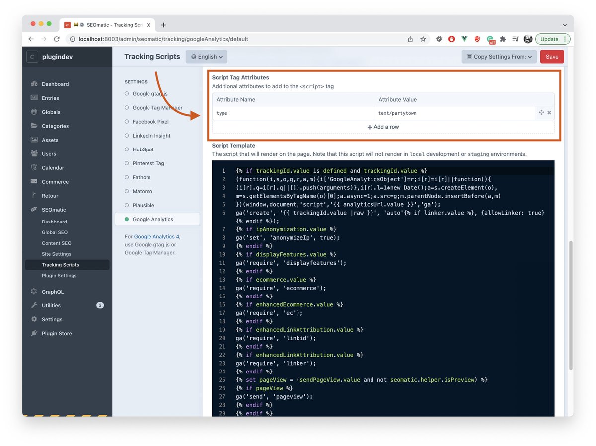 nystudio107's tweet photo. 📢 SEOmatic plugin updated 🎉 the 3.4.24  update adds the ability to set tracking script attributes in the CP, in what we call the "Partytown" release -> https://t.co/3MiMP0KzDC

#craftcms #craftplugin cc: @adamdbradley https://t.co/ZG3QI11OHn
