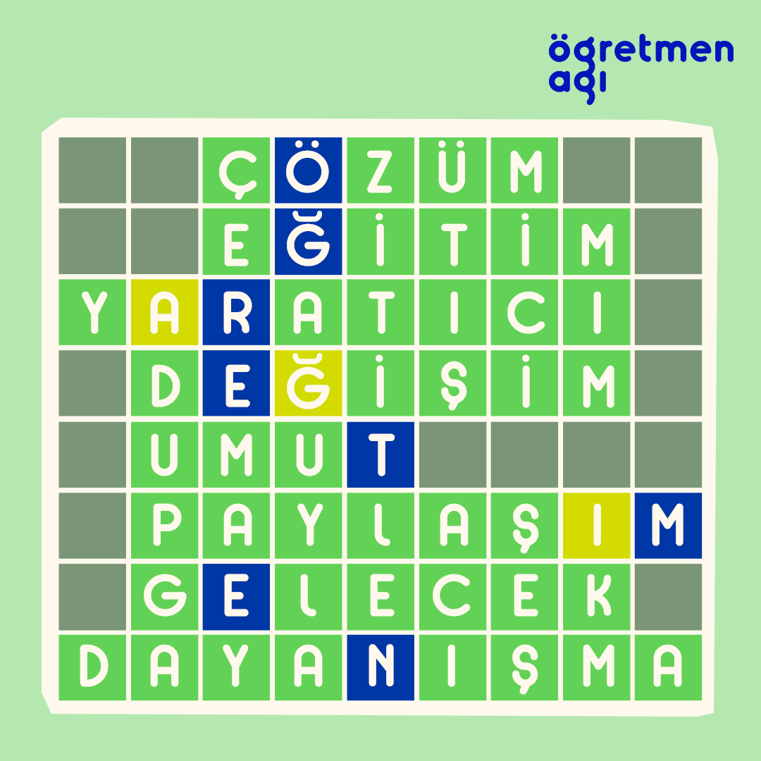 ogretmenagi's tweet photo. Eğitim, çözüm, yaratıcılık, değişim, umut, paylaşım, gelecek ve dayanışma kelimelerini duyunca aklına “Öğretmen Ağı” gelenler burada mı? 😊👋

#Wordle #DeğişimÖğretmenle https://t.co/FRNNt8cRQA