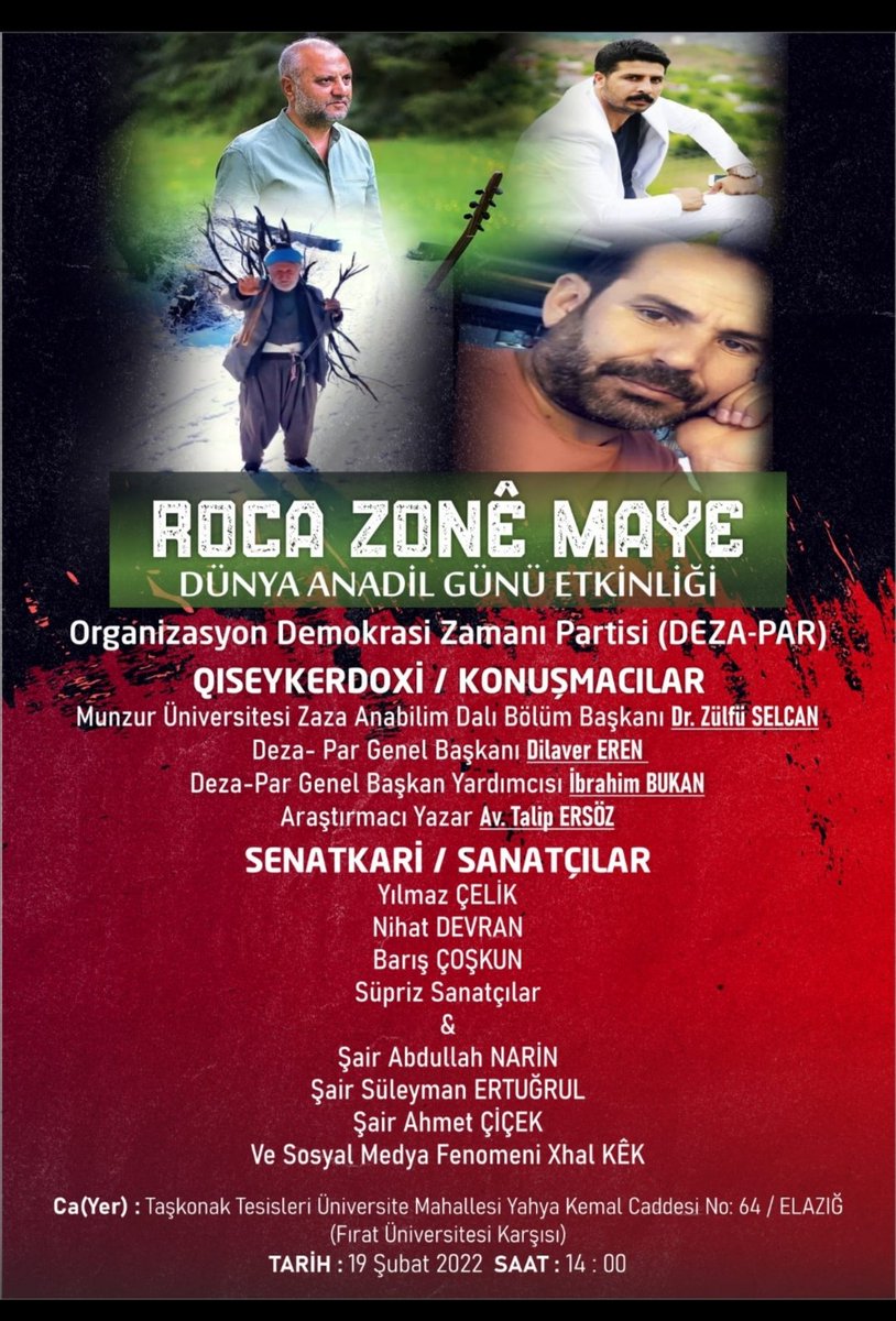 Dezapar's tweet photo. Deza-Par Dünya Anadil günü etkinliği.

Qom Bê Zon / Zıwan Nêbeno! 
(Dilsiz Halk olmaz!) 

Zıwanê / Zonê  Ma Kamiya Mao! (Dilimiz Kimliğimizdir!) 
@ErenDilaver #Zazaca #zazaki #Zazalar https://t.co/KXO0BF8TYr