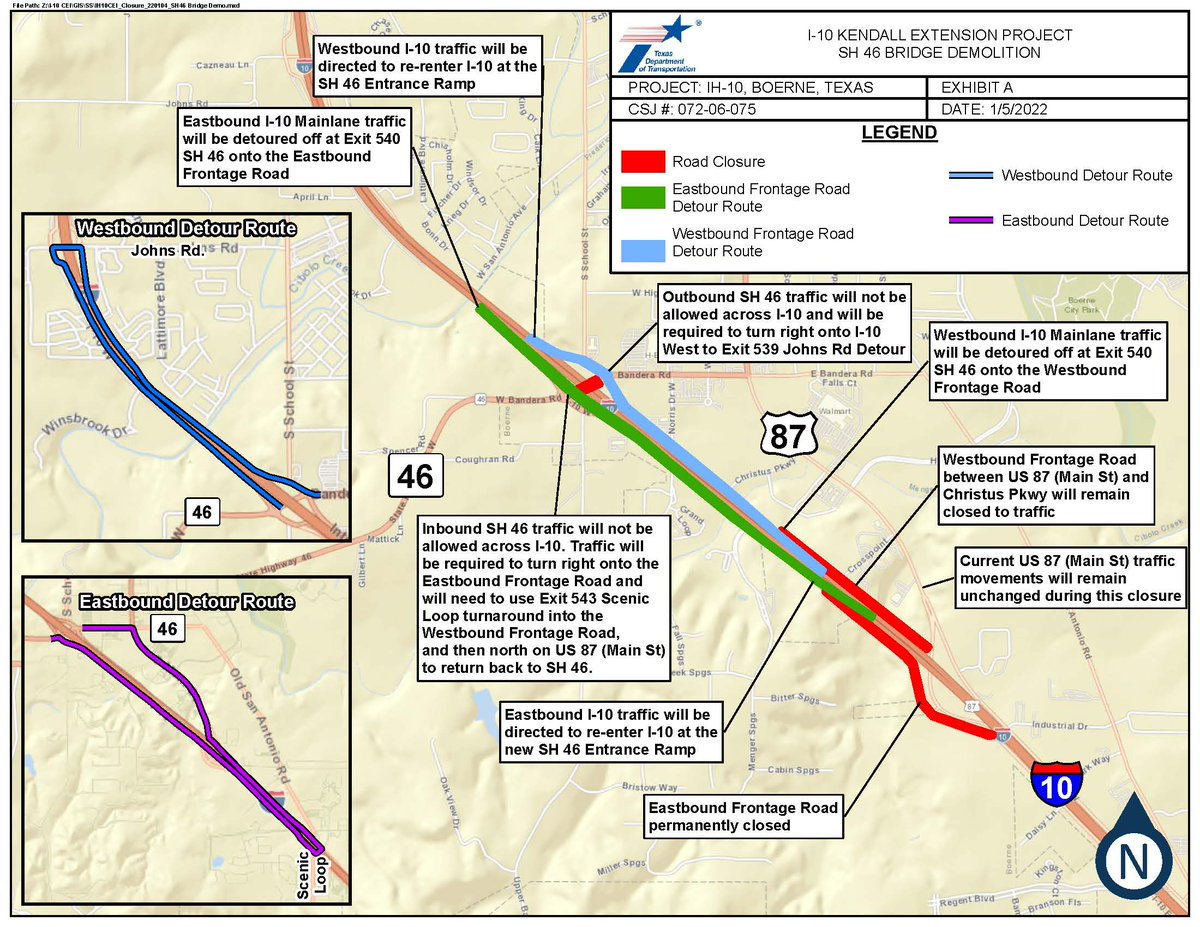 TxDOTSanAntonio's tweet image. THIS WEEKEND: Full closure of I-10 from SH 46 to US 87 in Kendall County starting at 8PM - Friday 2/11 until 5AM - Monday 2/14. SH 46 bridge over I-10 will also be closed. Get all the details here: txdotsanantonio.blogspot.com/2022/02/as-par…