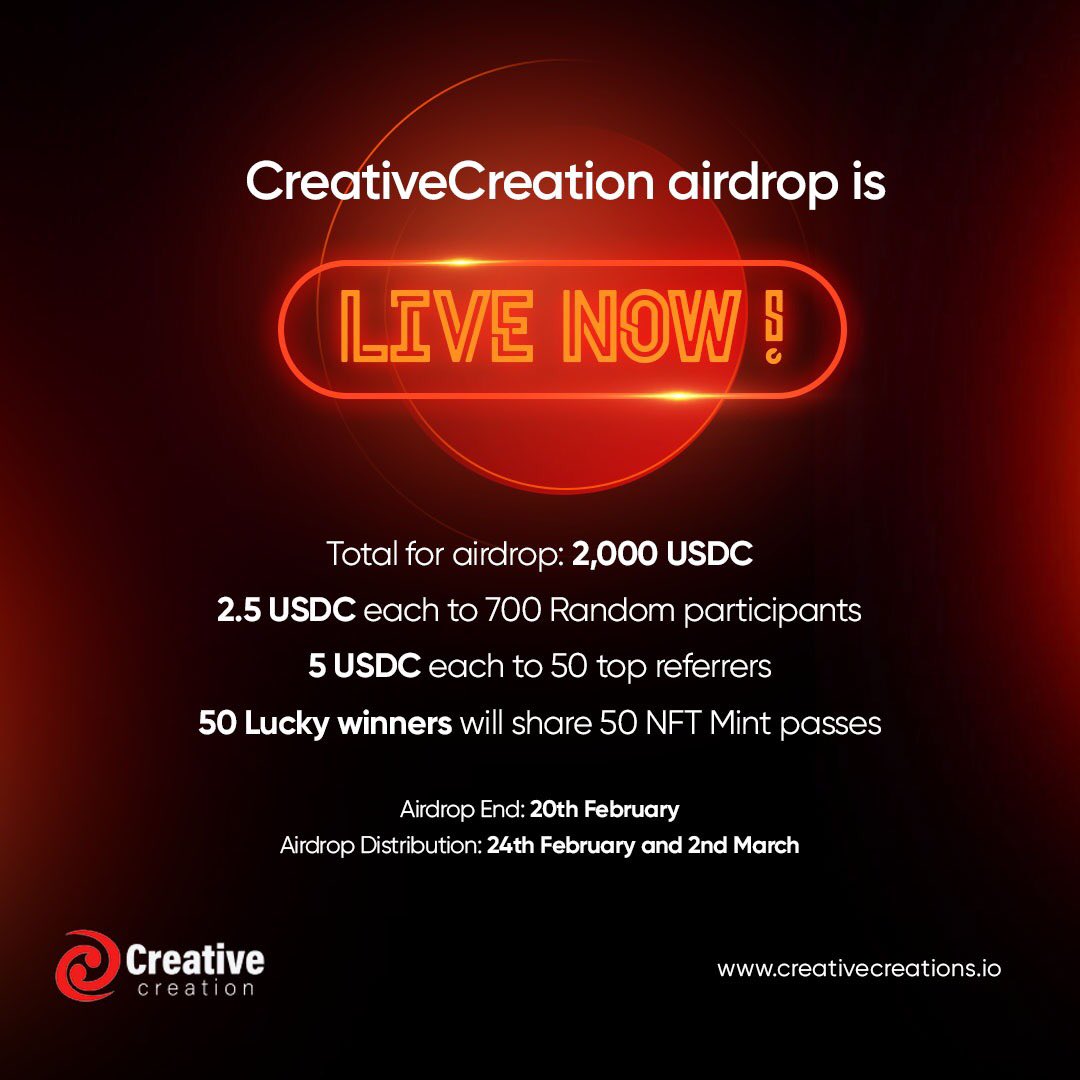 📣#CreativeCreation #airdrop is live now!

🎉Total for airdrop: 2,000 USDC + 50 NFT Mint passes

👉Use our airdrop bot in Telegram: t.me/CreativeCreati…

🗓 Airdrop End: 20th February
🗓Airdrop Distribution: 24th February and 2nd March <a href="/airdropinspect/">Airdrop Inspector</a>
