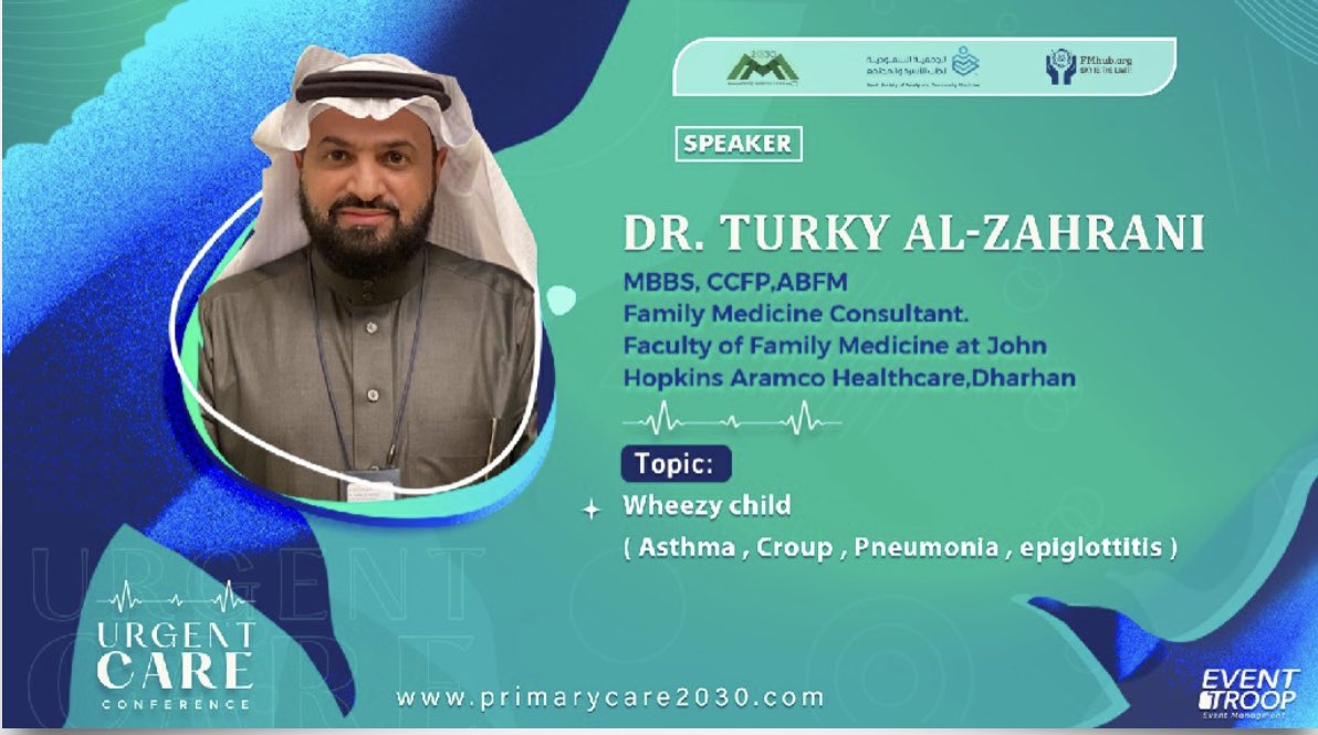 Fmhub_org's tweet photo. #يحدث_الآن 

✨Day 1

✨Wheezy Child in UCC
Asthma, Croup, Pneumonia, epiglottitis

✨ Dr. Turky Alzahrani

#Urgent_Care_Conference 

#Sky_Is_Home https://t.co/wdsHus9Eu7